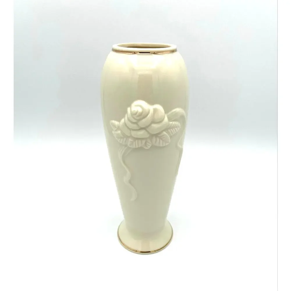 Lenox Ivory Porcelain Rose Blossom Bud Vase Embossed 24K Gold Trim 7 1/2